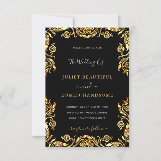 Black Gold Wedding Invitation Golden Floral Framed (Front)