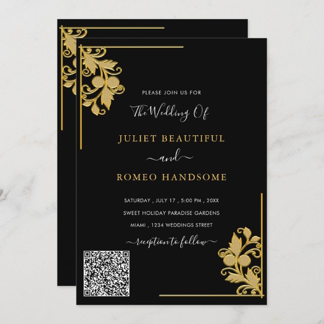 Black Gold Wedding Invitations Template QR Code (Front/Back)