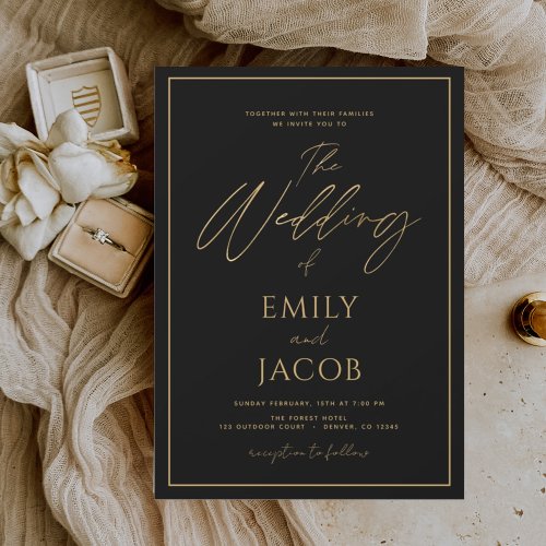 Black Gold Wedding Modern Typography Invitation