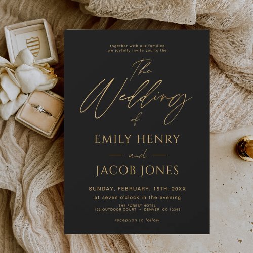 Black Gold Wedding Modern Typography Script Invitation