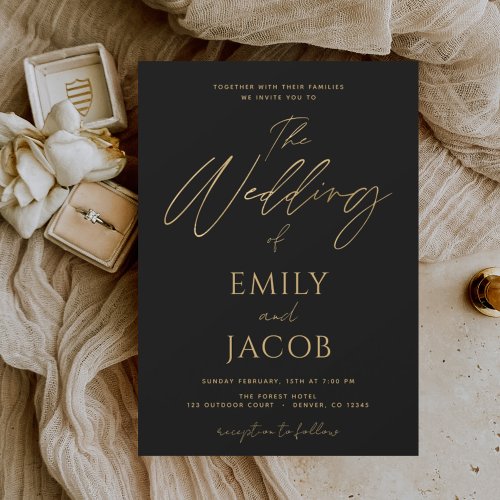 Black Gold Wedding Modern Typography Script Invitation