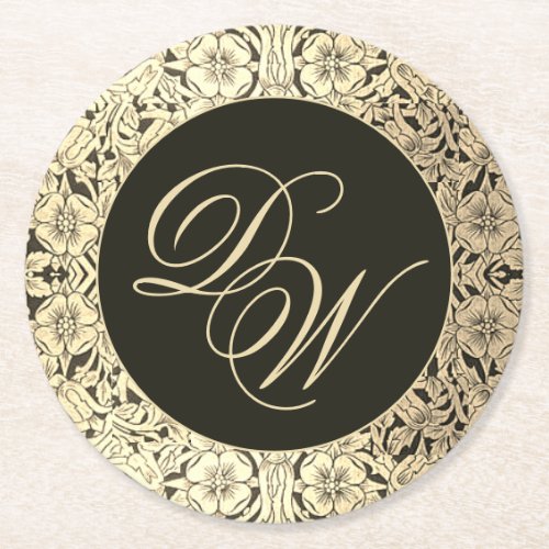 Black Gold Wedding Monogram Elegant Vintage Floral Round Paper Coaster