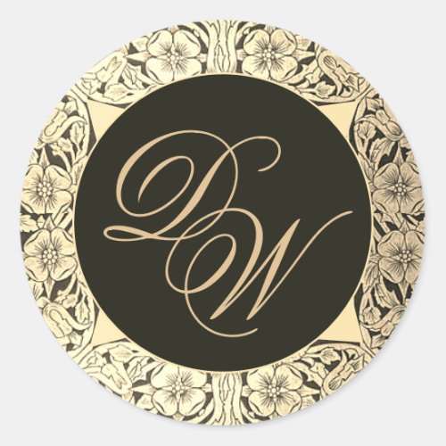Black Gold Wedding Monogram Vintage Elegant Floral Classic Round Sticker