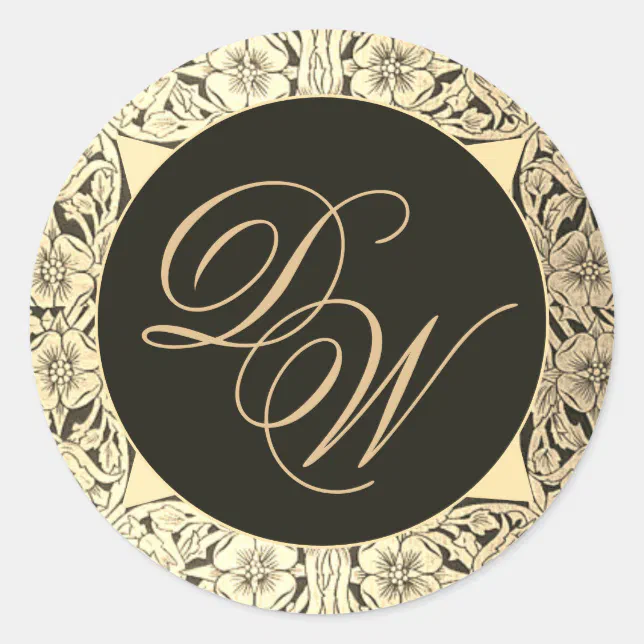 Black Gold Wedding Monogram Vintage Elegant Floral Classic Round ...