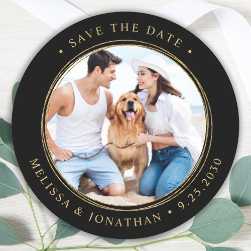 Black Gold Wedding Personalize Photo Save The Date Classic Round Sticker