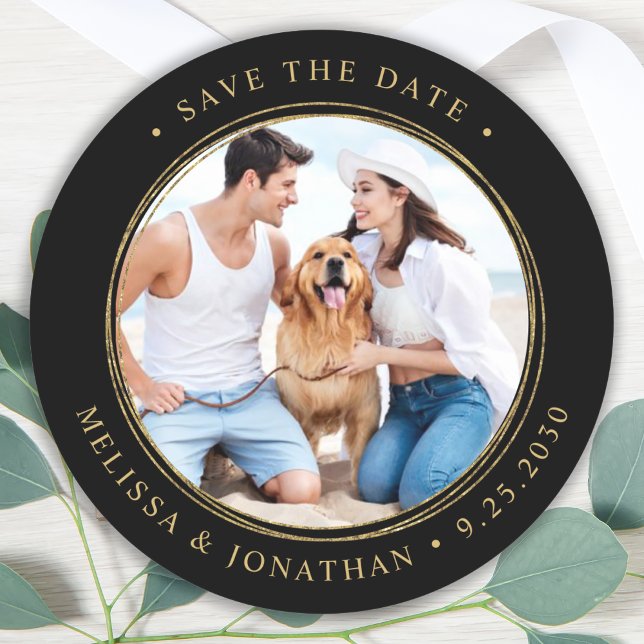 Black Gold Wedding Personalize Photo Save The Date Classic Round Sticker (Creator Uploaded)