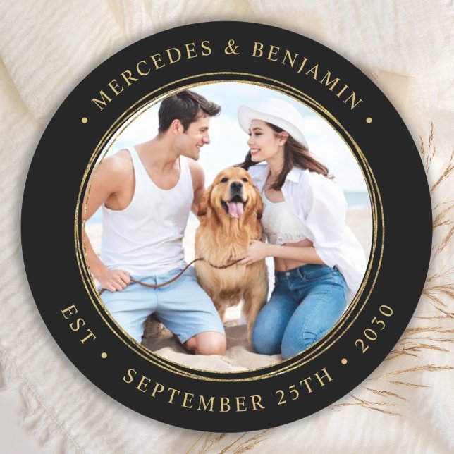 Black Gold Wedding Personalized Photo Classic Round Sticker (Creator Uploaded)