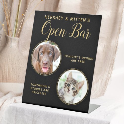 Black Gold Wedding Pet Dog Open Bar Custom 2 Photo Pedestal Sign