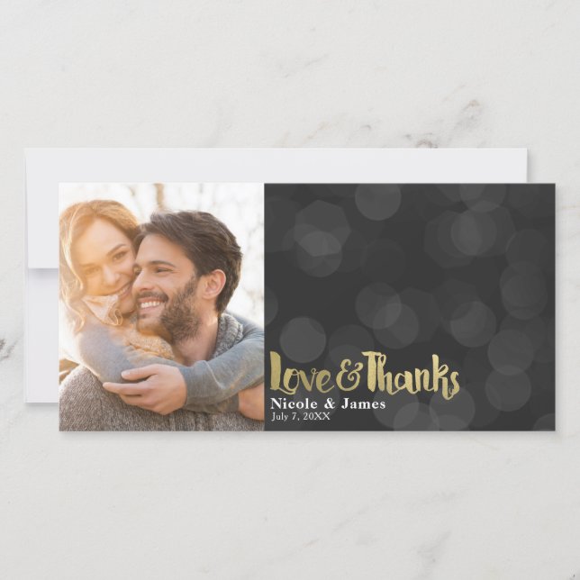 Black Gold Wedding Photo Love & Thanks Thank You Card (Front)