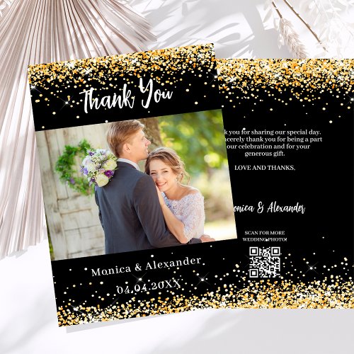 Black gold wedding photo QR code thank you card