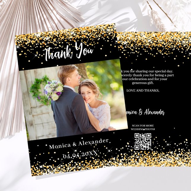 Black gold wedding photo QR code thank you card (Creator Uploaded)