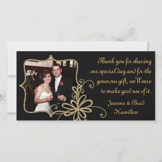 Black & Gold Wedding Photo Thank You Card (Front)