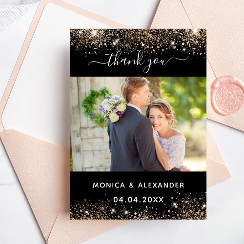 Black gold wedding photo thank you card