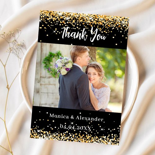 Black gold wedding photo thank you card