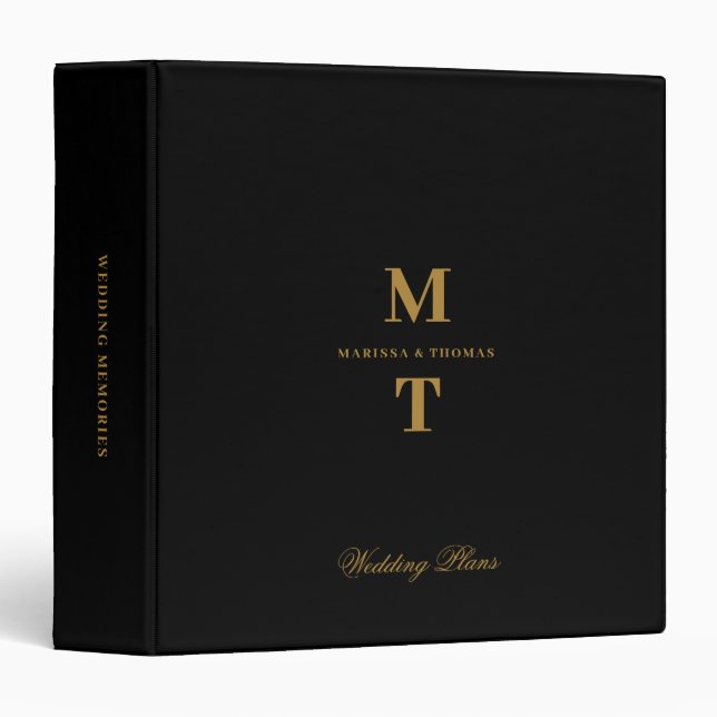Black & Gold Wedding Plans Monogram Planners 3 Ring Binder (Front/Spine)