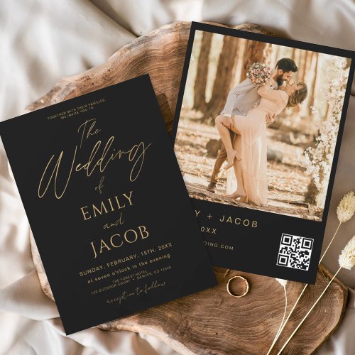 Black Gold Wedding QR Code Photo Script Invitation