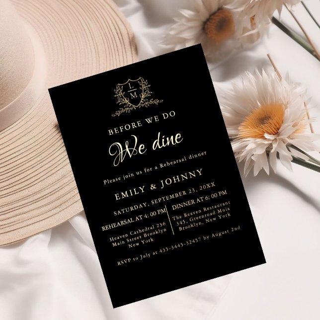 Black & gold Wedding Rehearsal dinner initial Foil Invitation (Creator Uploaded)