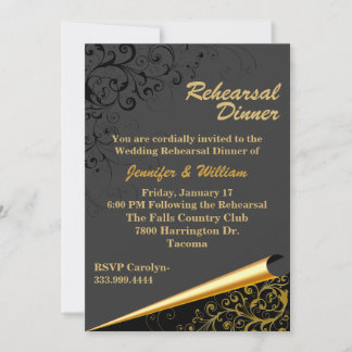 Black & Gold Wedding Rehearsal Dinner Invitation
