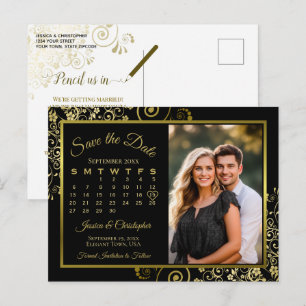 Black & Gold Wedding Save the Date Calendar Photo Announcement Postcard