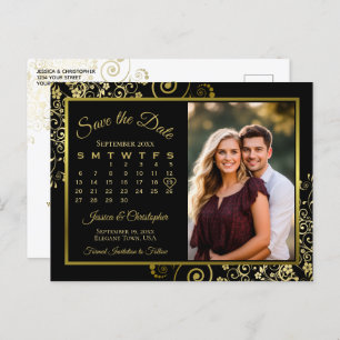 Black & Gold Wedding Save the Date Calendar Photo Announcement Postcard