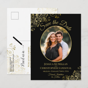 Black & Gold Wedding Save the Date Oval Photo Announcement Postcard