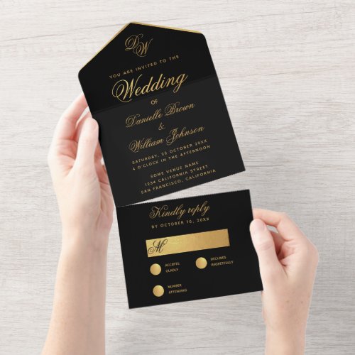 Black Gold Wedding Simple Elegant Script Monogram  All In One Invitation