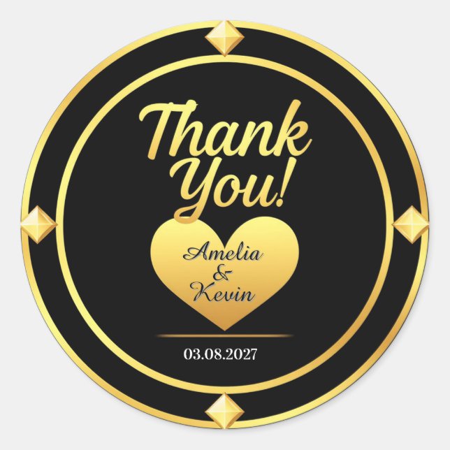 💛 Black Gold Wedding Thank you  🌹 Classic Round Sticker (Front)