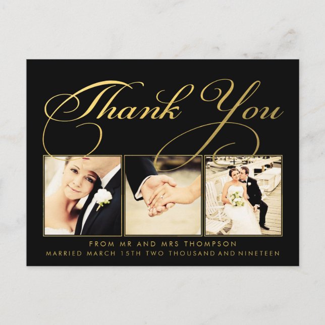 Black Gold Wedding Thank You Script Photo Postcard (Front)