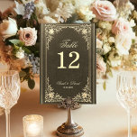 Black Gold Wedding Vintage Elegant Script Table Number<br><div class="desc">This black and gold, elegant wedding table number, with a vintage air, has a vintage golden frame with baroque gold decorations on a black background. The names and the title Table are written in an elegant calligraphic script. All text can be personalized and has a golden color similar to the...</div>