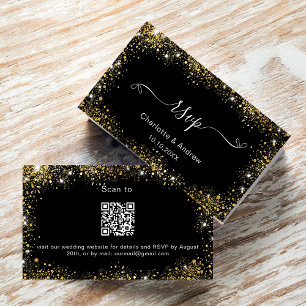 Black gold wedding website RSVP QR code Enclosure Card