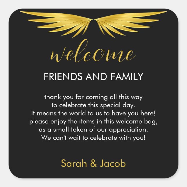 Black Gold  Wedding Welcome Gift Bag Square Sticker (Front)