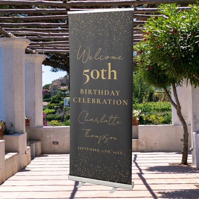 Black Gold Welcome Birthday 50th Party Elegant Retractable Banner (Black Gold Welcome Birthday 50th Party Elegant Retractable Banner)