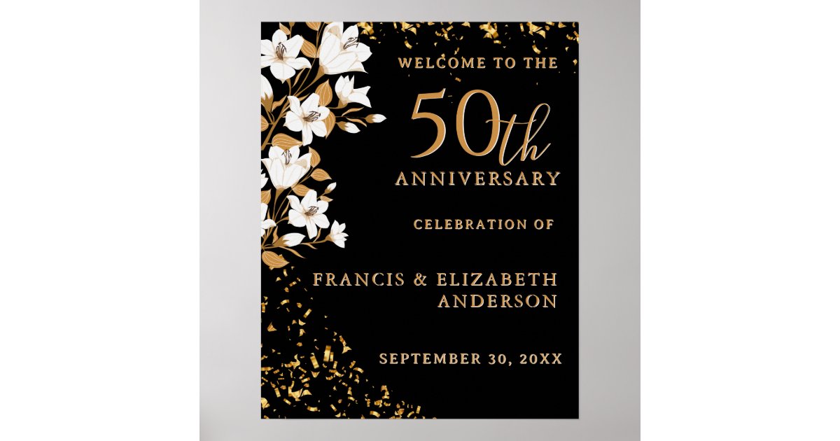 Black Gold Welcome Floral 50th Wedding Anniversary Poster | Zazzle