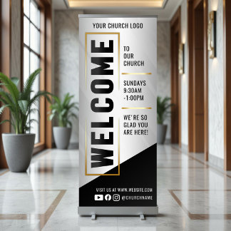 Black & Gold Welcome To Our Church Sunday Service Retractable Banner