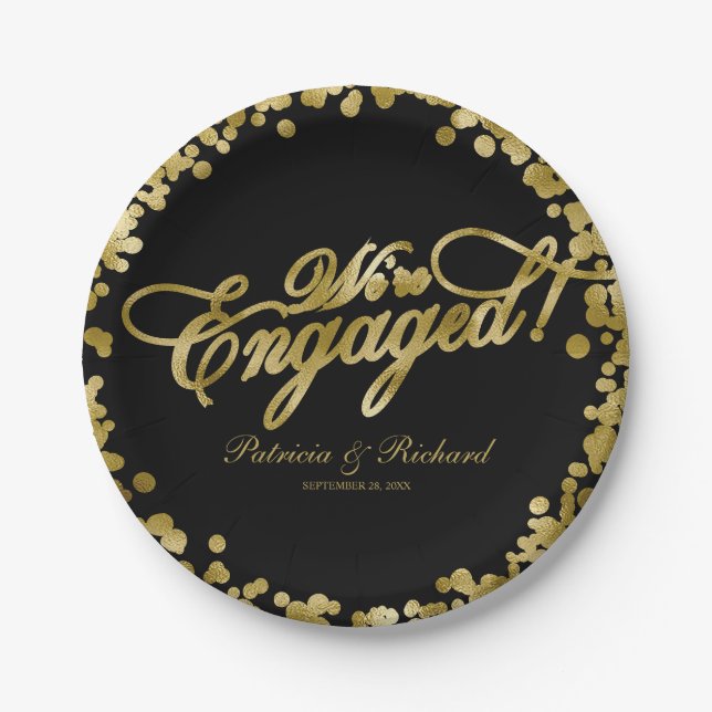 Black Gold We're Engaged Engagement Party Paper Plates (Front)