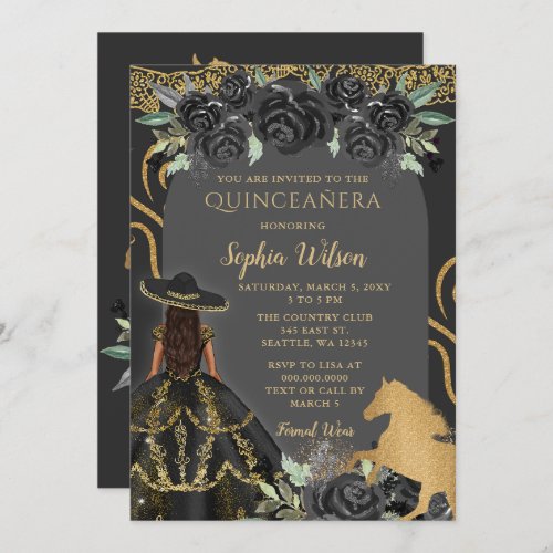 Black Gold Western Horse Floral Charra Quinceaera Invitation