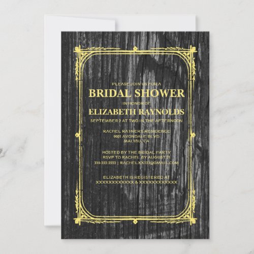 Black &amp; Gold Western Wood Bridal Shower Invitation