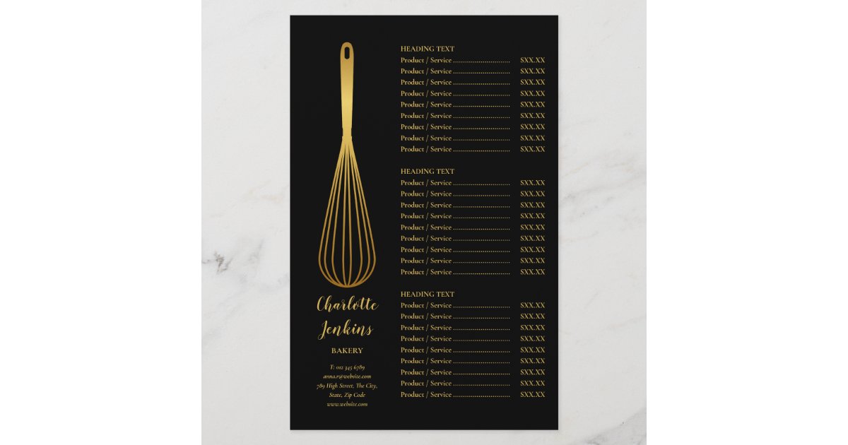 Black Gold Whisk Bakery Patisserie Service Menu Flyer Zazzle