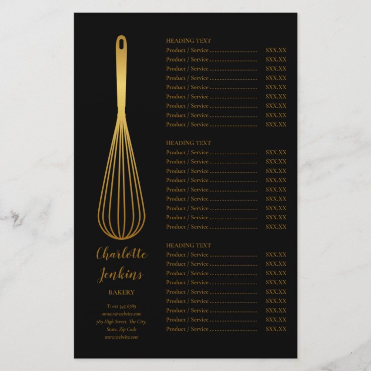 Black Gold Whisk Bakery Patisserie Service Menu Flyer Zazzle