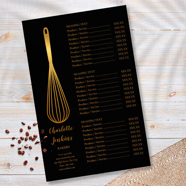Black Gold Whisk Bakery Patisserie Service Menu Flyer Zazzle