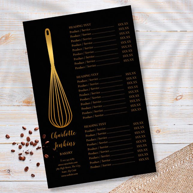 Black Gold Whisk Bakery Patisserie Service Menu Flyer (Creator Uploaded)
