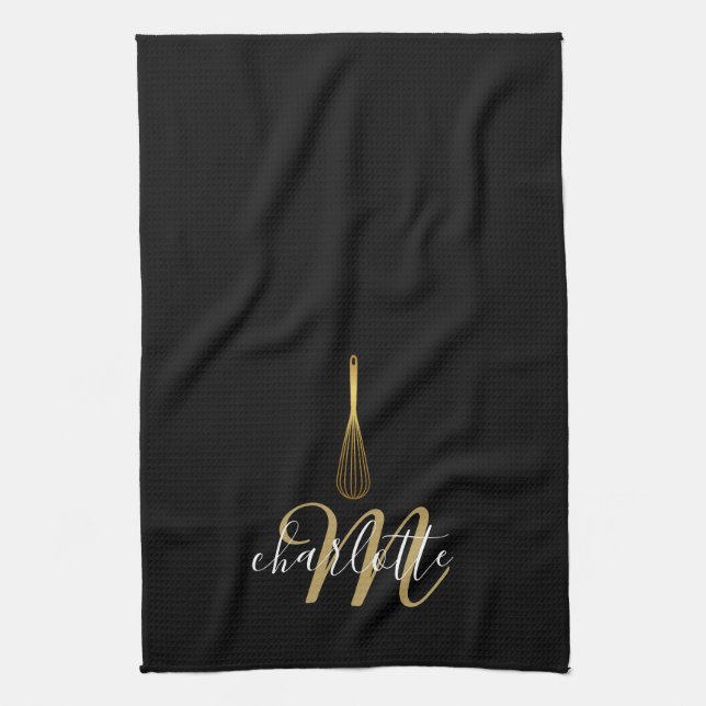 Black Gold Whisk Script Monogram  Kitchen Towel (Vertical)