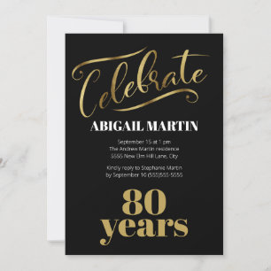 Black Gold White 80th Birthday Party Invitation