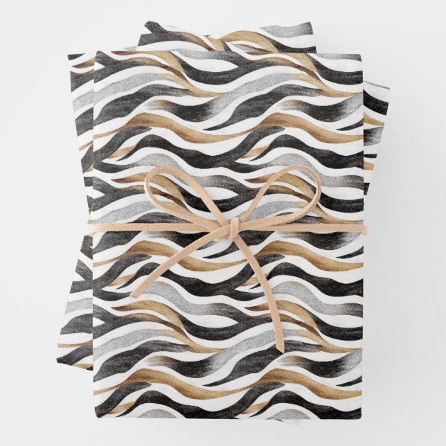 Black / Gold / White Abstract Lines Wrapping Paper Sheets (In situ)