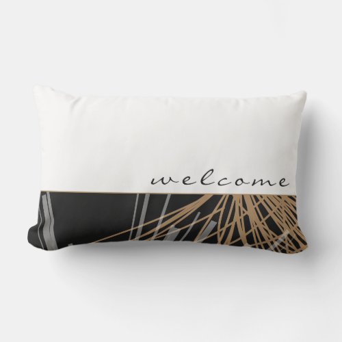 Black Gold  White Abstract Ribbons  Welcome Lumbar Pillow
