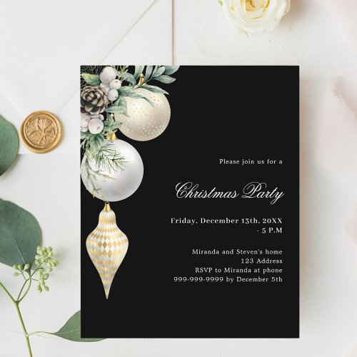 Black gold white bauble Christmas Party invitation