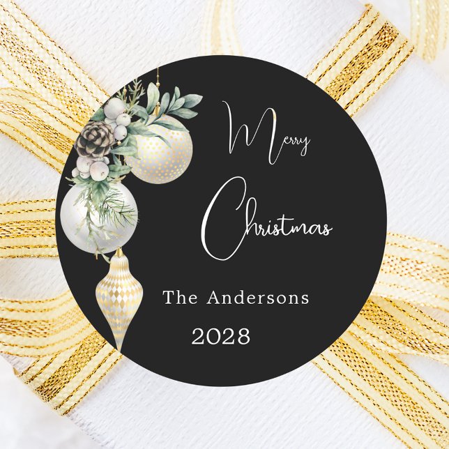 Black gold white baubles Christmas Classic Round Sticker (Creator Uploaded)