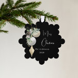 Black gold white baubles Christmas Ornament Card<br><div class="desc">An elegant,  modern black background. Decorated with white and gold baubles and some greenery and a pine cone.  Personalize and add your name,  year.  Text: Merry Christmas</div>