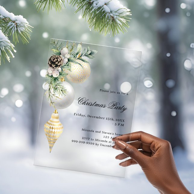Black gold white baubles Christmas Party frosted Acrylic Invitations (Creator Uploaded)