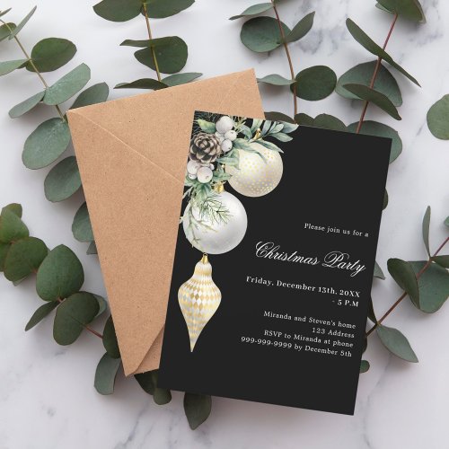 Black gold white baubles Christmas Party Invitation